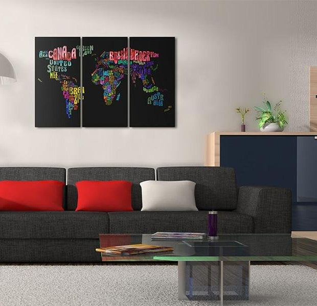 Stretched Canvas World Map Art - Names Of Countries 3 Piece