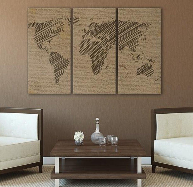 Stretched Canvas World Map Art - Notes From The World 3 Piece