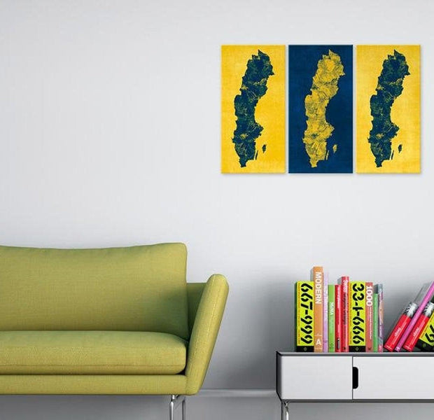 Stretched Canvas World Map Art - Painted Map Of Sweden 3 Piece