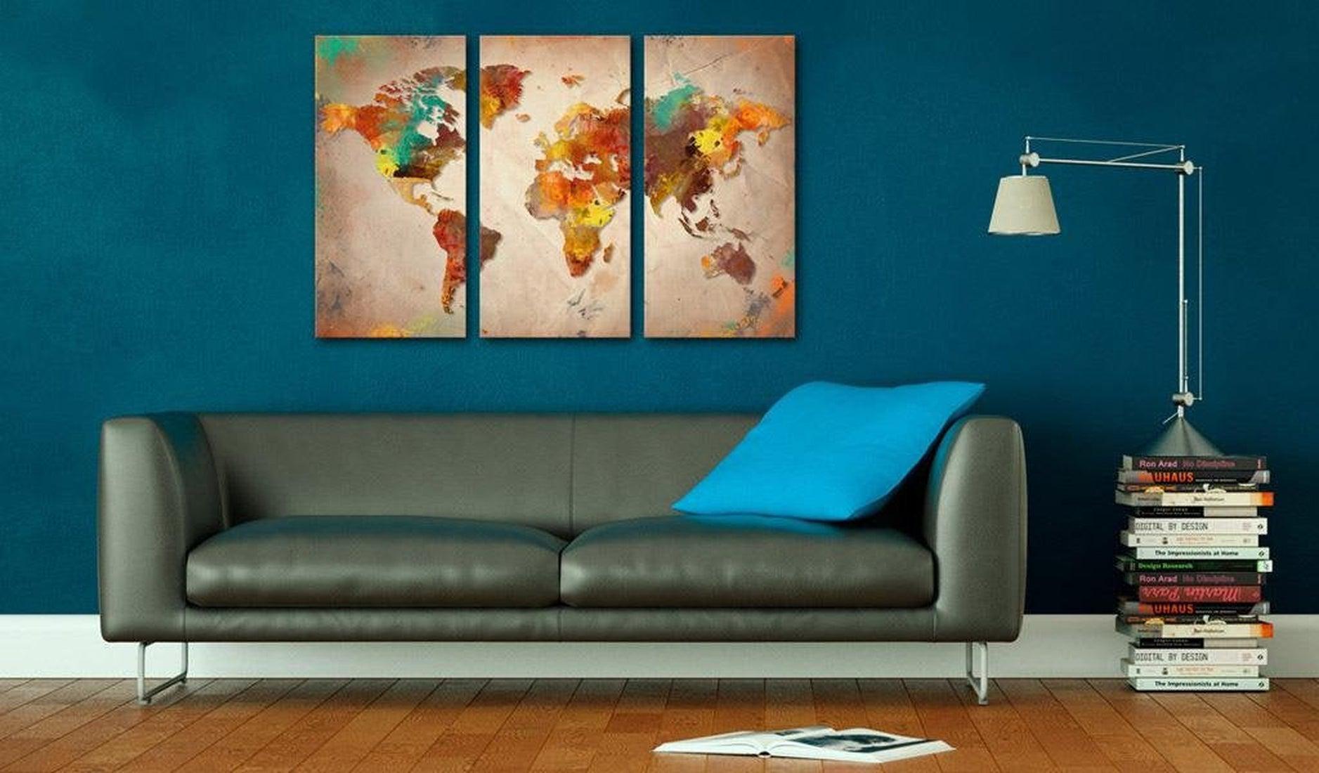 Stretched Canvas World Map Art - Painted World 3 Piece