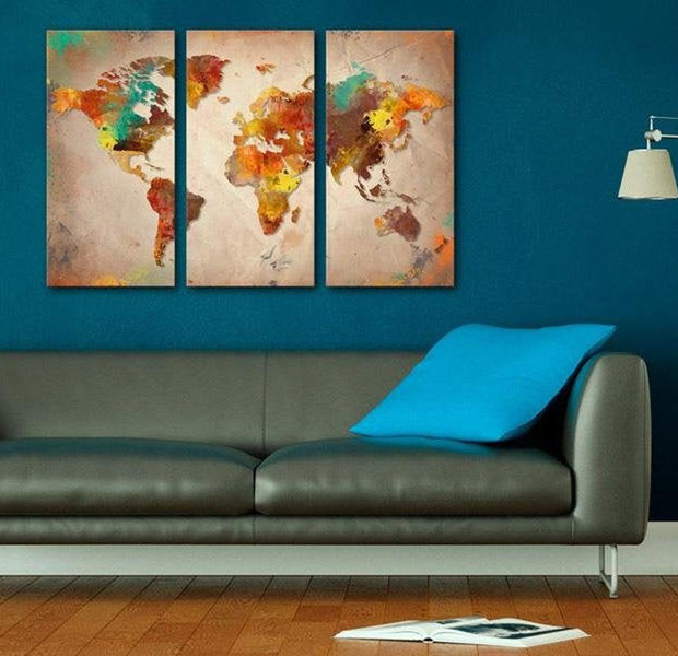 Stretched Canvas World Map Art - Painted World 3 Piece