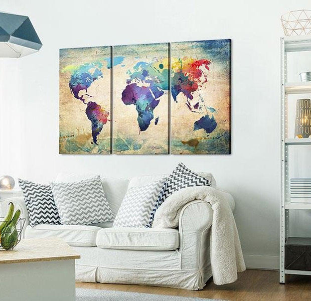 Stretched Canvas World Map Art - Rainbow Map (Triptych)