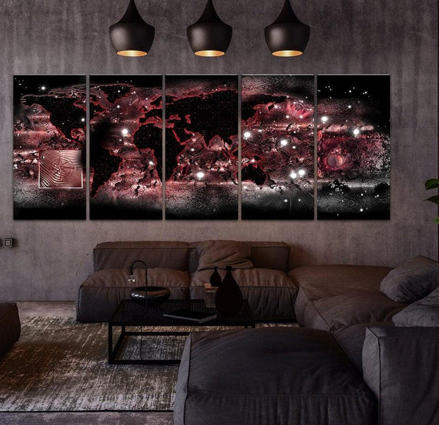 Stretched Canvas World Map Art - Red Light