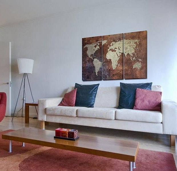 Stretched Canvas World Map Art - Rusty Map Of The World 3 Piece