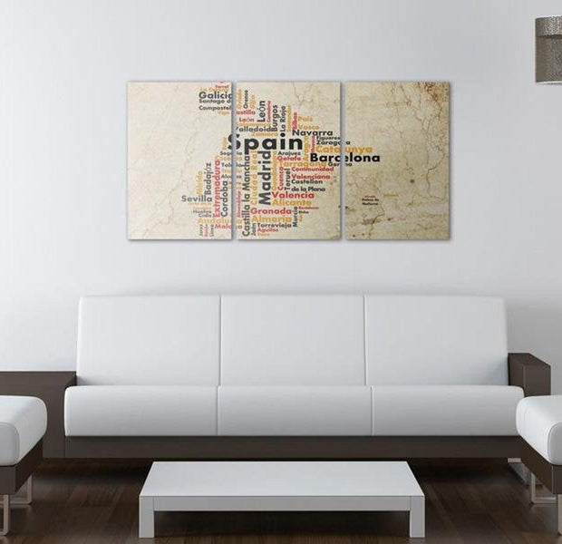 Stretched Canvas World Map Art - Spain: Text Map In Colors Of National Flag