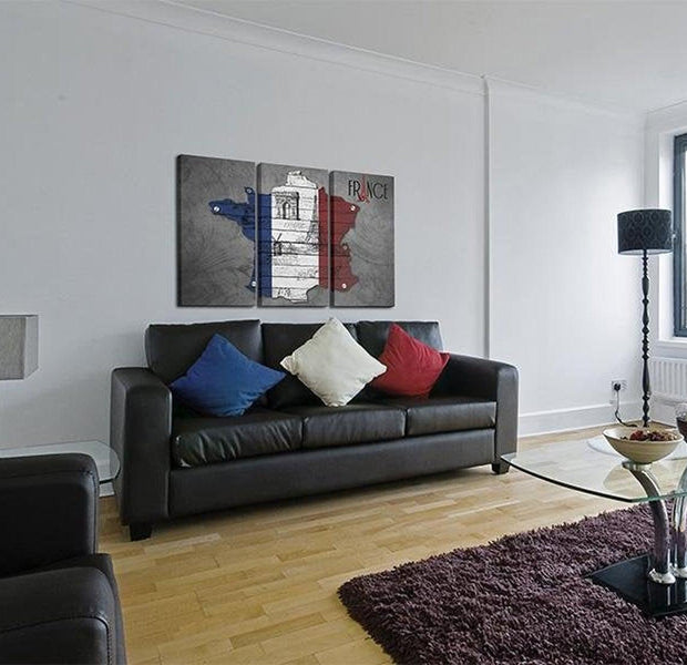 Stretched Canvas World Map Art - Symbols Of France 3 Piece