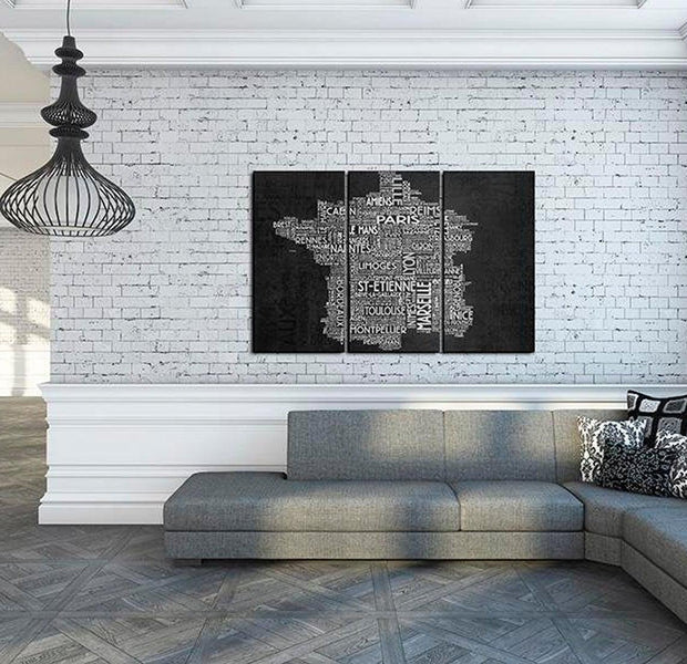 Stretched Canvas World Map Art - Text Map Of France On The Black Background 3 Piece