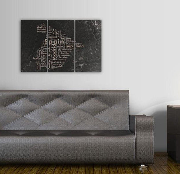 Stretched Canvas World Map Art - Text Map Of Spain On The Blackboard 3 Piece