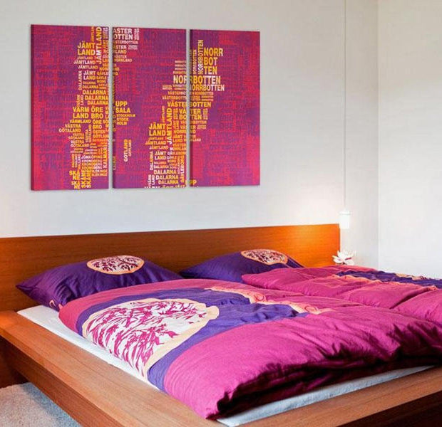 Stretched Canvas World Map Art - Text Map Of Sweden (Pink Background) 3 Piece