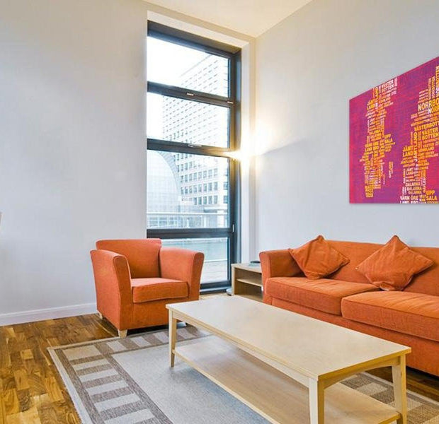 Stretched Canvas World Map Art - Text Map Of Sweden (Pink Background)