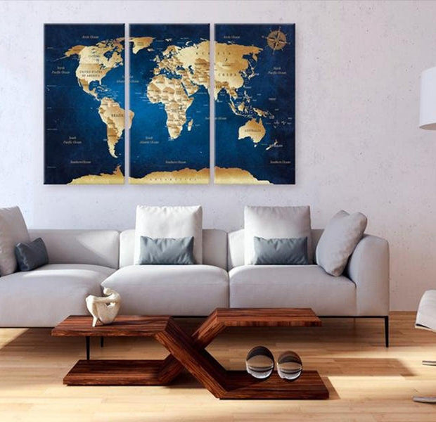 Stretched Canvas World Map Art - The Dark Blue Depths