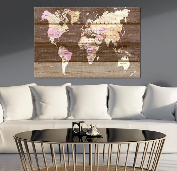 Stretched Canvas World Map Art - The Wooden World