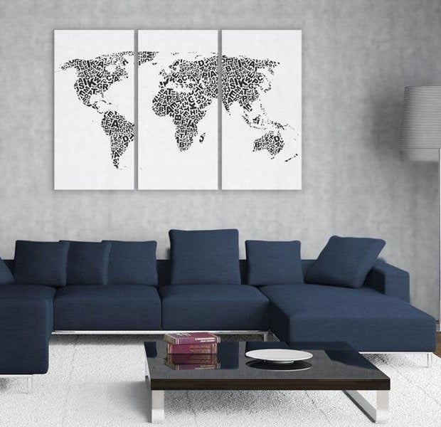 Stretched Canvas World Map Art - The World Map - Alphabet 3 Piece