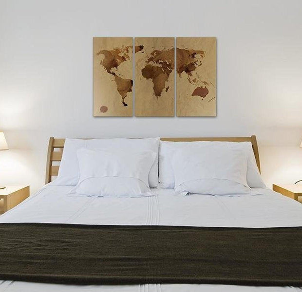 Stretched Canvas World Map Art - The World Painted With Coffee 3 Piece