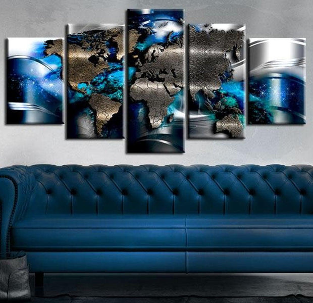 Stretched Canvas World Map Art - With Azure Accent