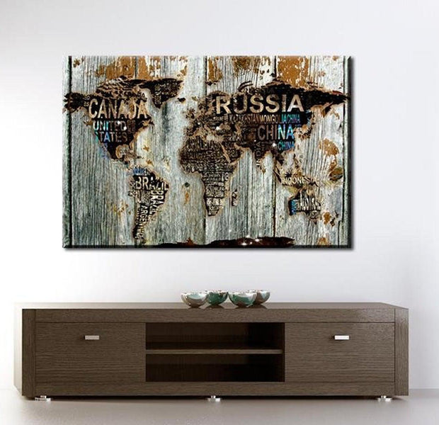 Stretched Canvas World Map Art - Wooden Border