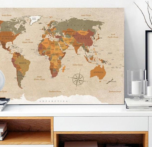 Stretched Canvas World Map Art - World Map: Beige Chic