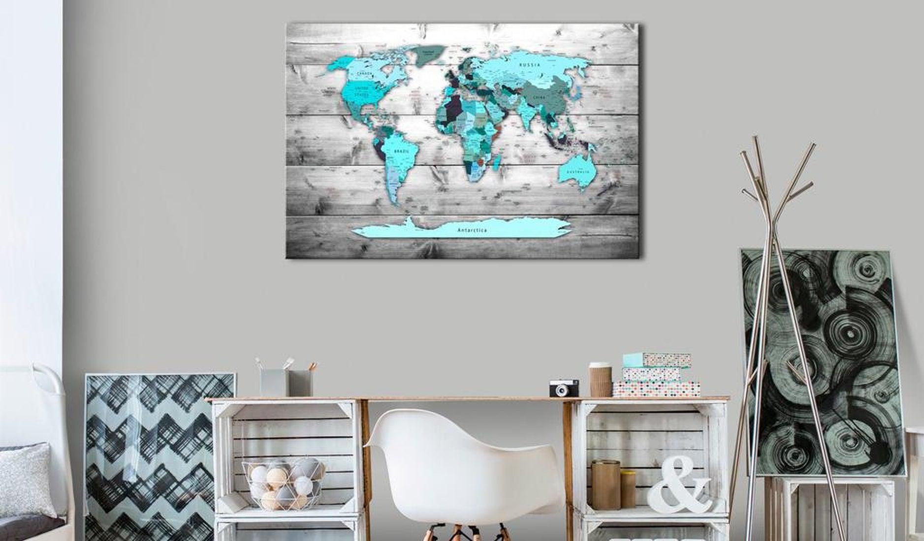 Stretched Canvas World Map Art - World Map: Blue World