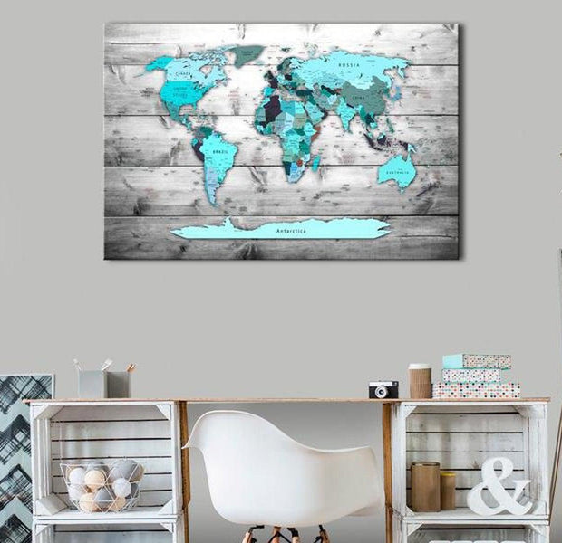 Stretched Canvas World Map Art - World Map: Blue World