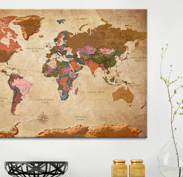 Stretched Canvas World Map Art - World Map: Brown Elegance