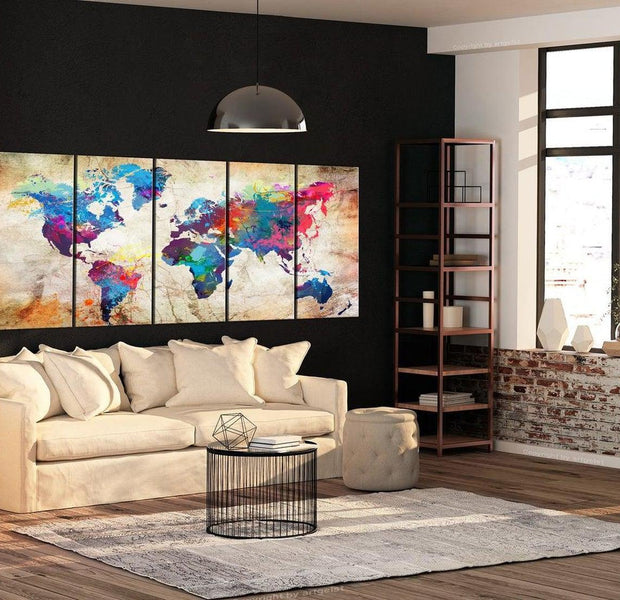 Stretched Canvas World Map Art - World Map: Colourful Ink Blots