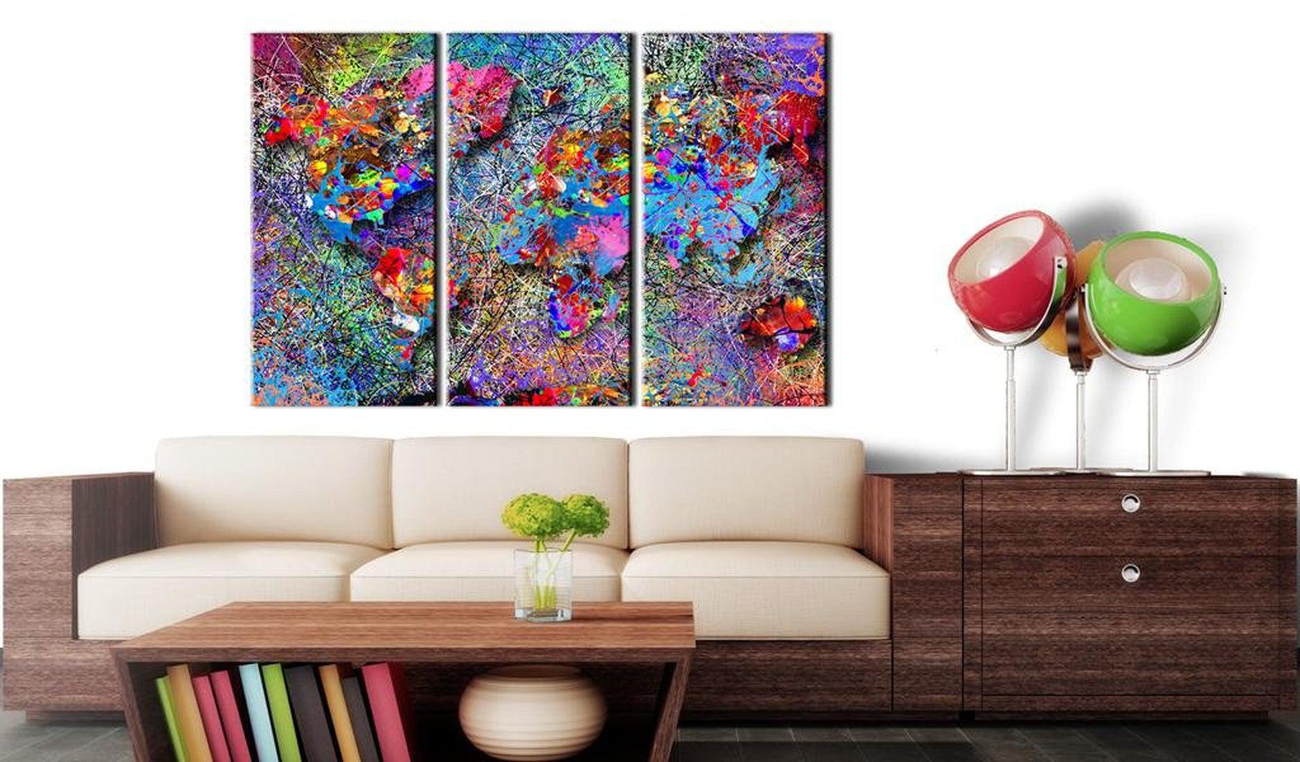 Stretched Canvas World Map Art - World Map: Colourful Whirl