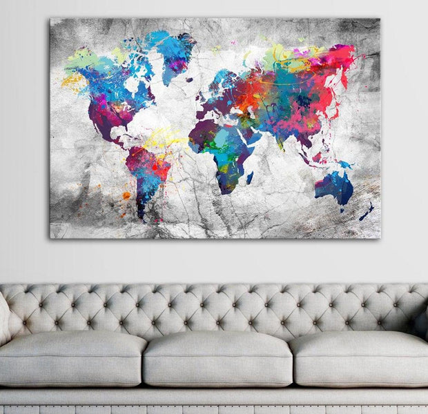 Stretched Canvas World Map Art - World Map: Grey Style