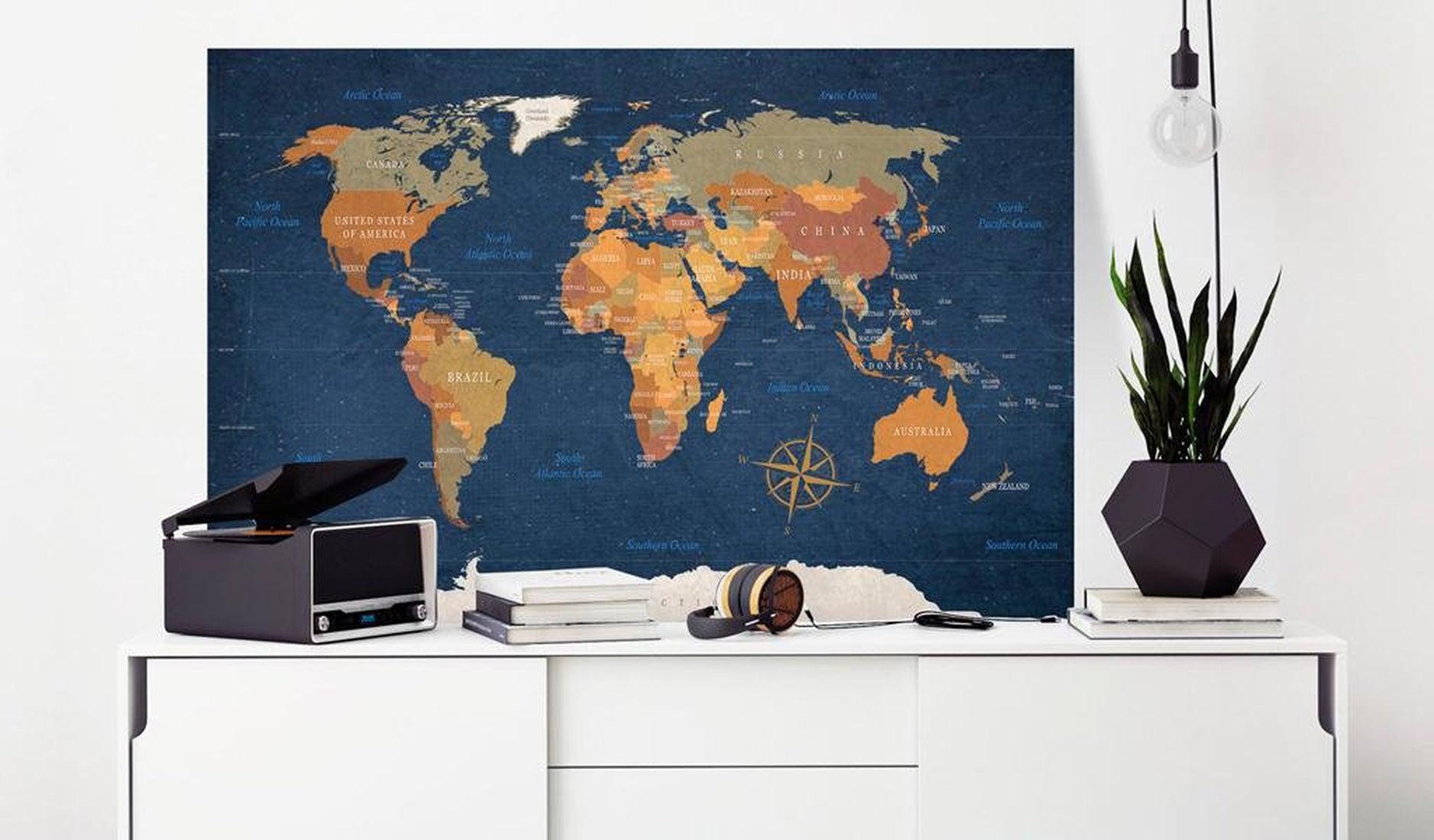 Stretched Canvas World Map Art - World Map: Ink Oceans