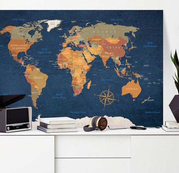 Stretched Canvas World Map Art - World Map: Ink Oceans