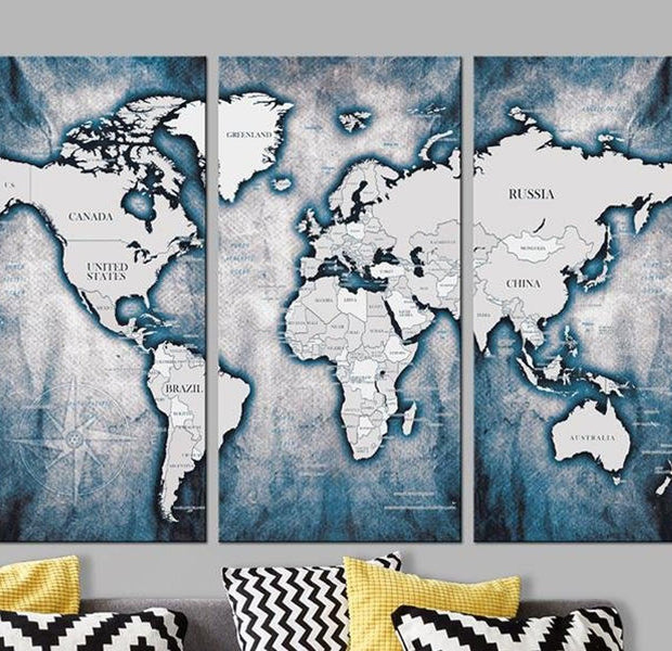 Stretched Canvas World Map Art - World Map: Ink Triptych