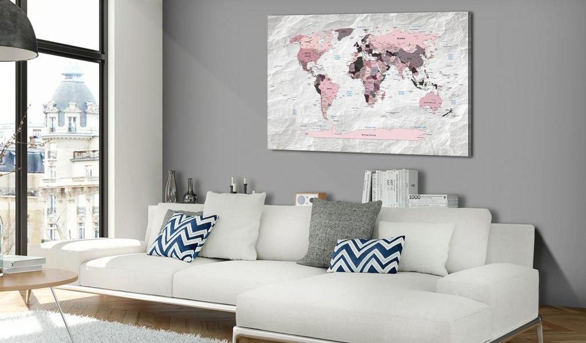 Stretched Canvas World Map Art - World Map: Pink Continents