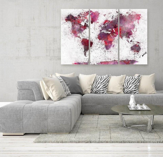 Stretched Canvas World Map Art - World Map: Red Watercolors