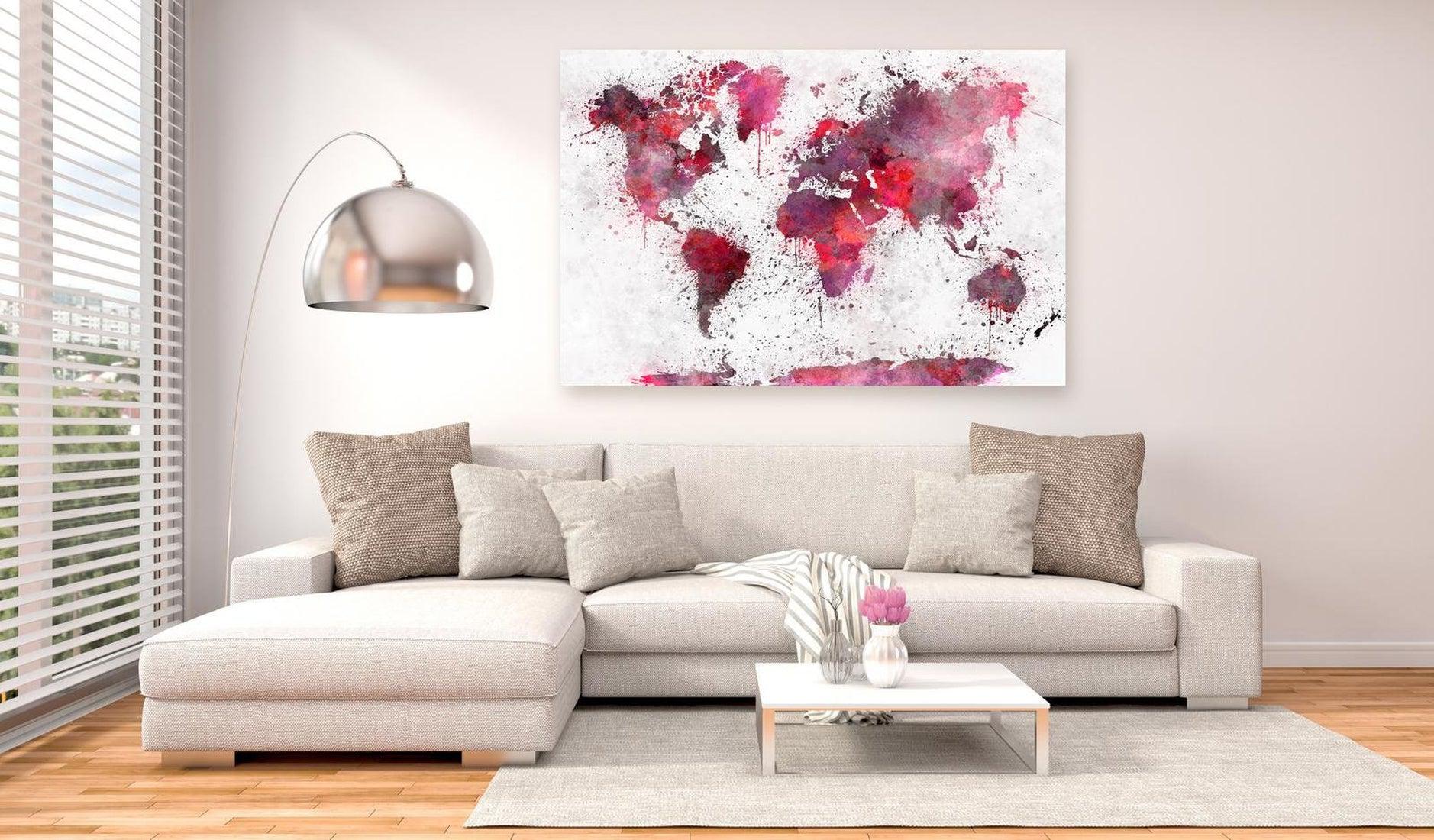 Stretched Canvas World Map Art - World Map: Red Watercolors Wide