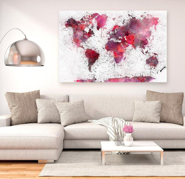 Stretched Canvas World Map Art - World Map: Red Watercolors Wide