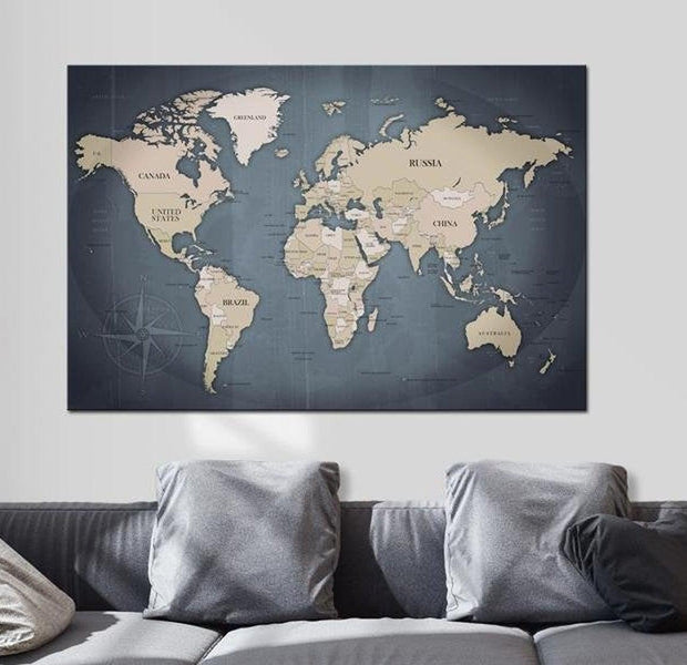 Stretched Canvas World Map Art - World Map: Shades Of Grey