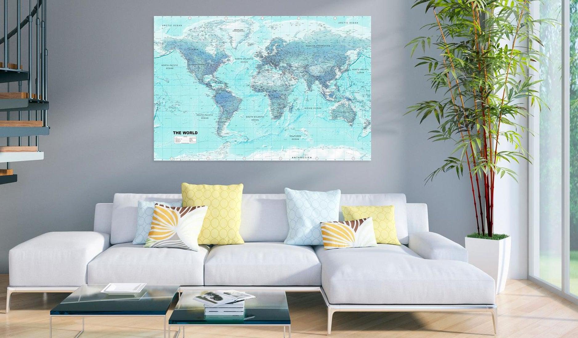 Stretched Canvas World Map Art - World Map: Sky Blue World