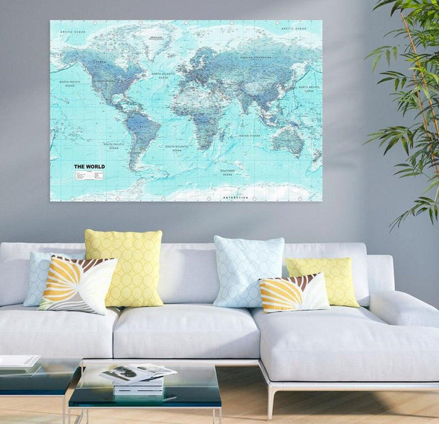 Stretched Canvas World Map Art - World Map: Sky Blue World