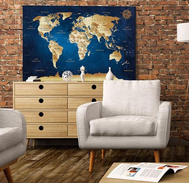 Stretched Canvas World Map Art - World Map: The Dark Blue Depths