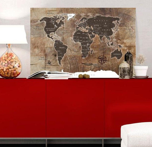 Stretched Canvas World Map Art - World Map: Wooden Mosaic