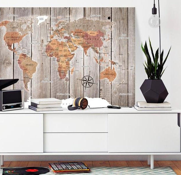 Stretched Canvas World Map Art - World Map: Wooden Stories