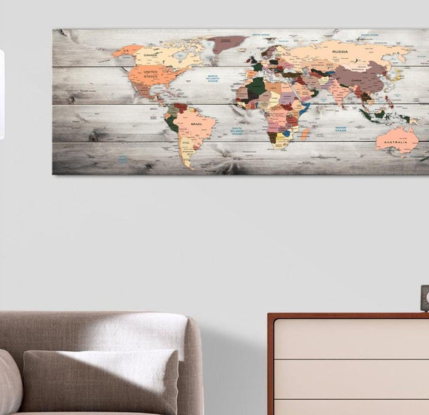 Stretched Canvas World Map Art - World Maps: Wooden Travels