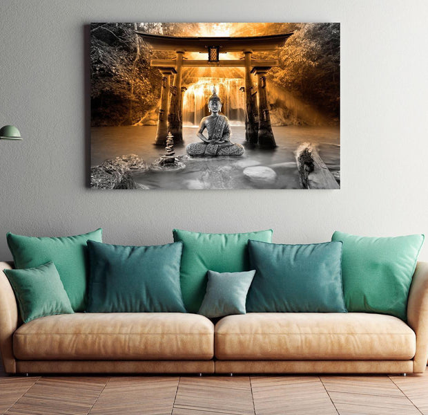 Stretched Canvas Zen Art - Buddha Smile Wide Orange