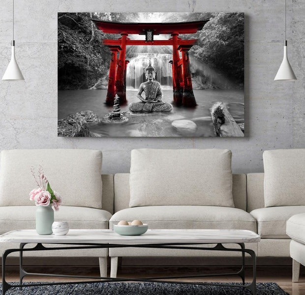 Stretched Canvas Zen Art - Buddha Smile Wide Red