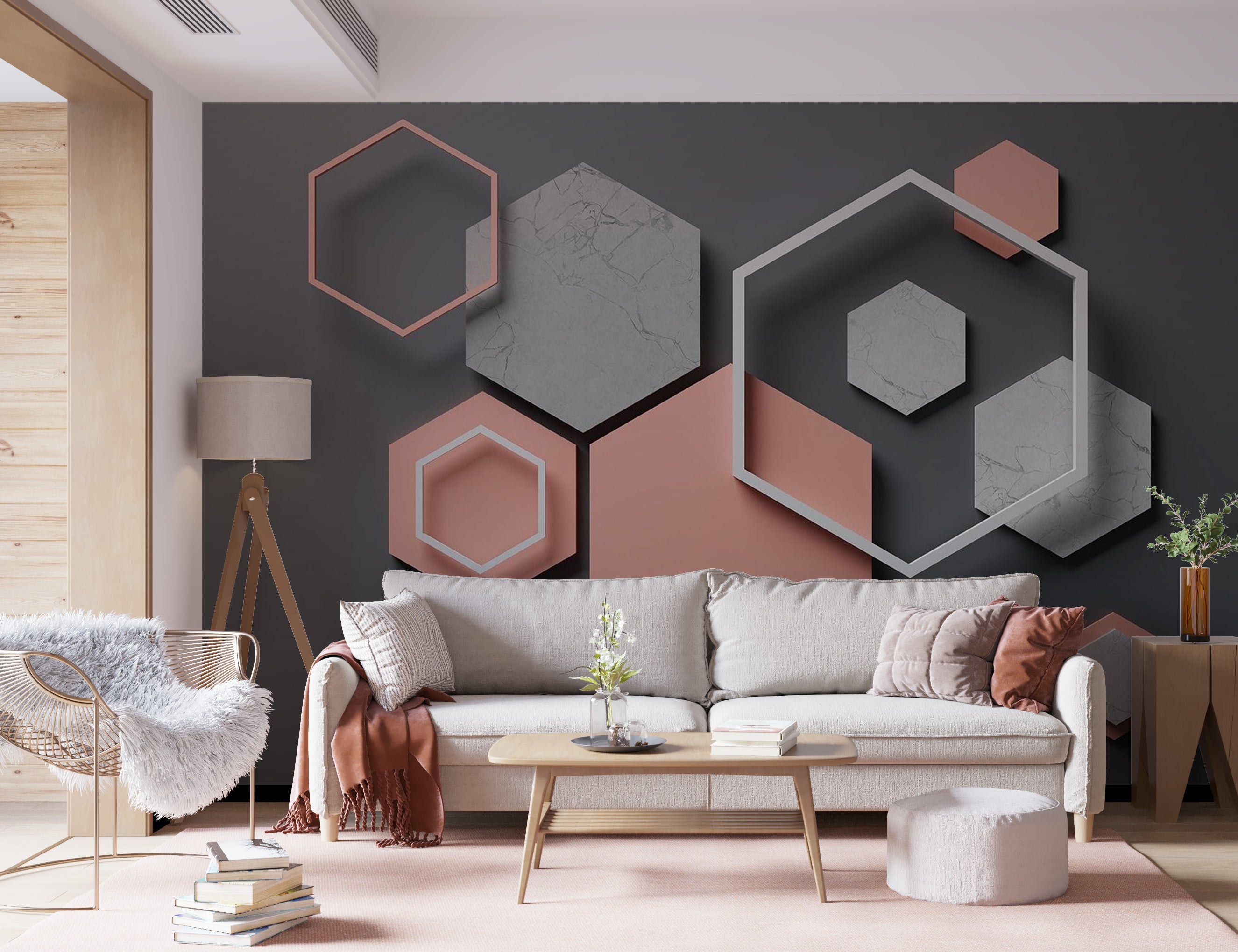 Peel & Stick 3D Illusion Wall Mural - Abstract Hexagon Plan - Removable Wall Decals