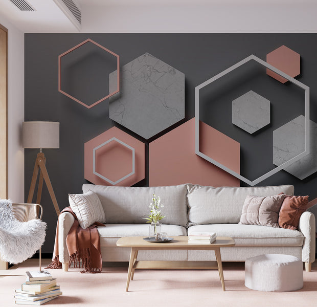 Peel & Stick 3D Illusion Wall Mural - Abstract Hexagon Plan - Removable Wall Decals