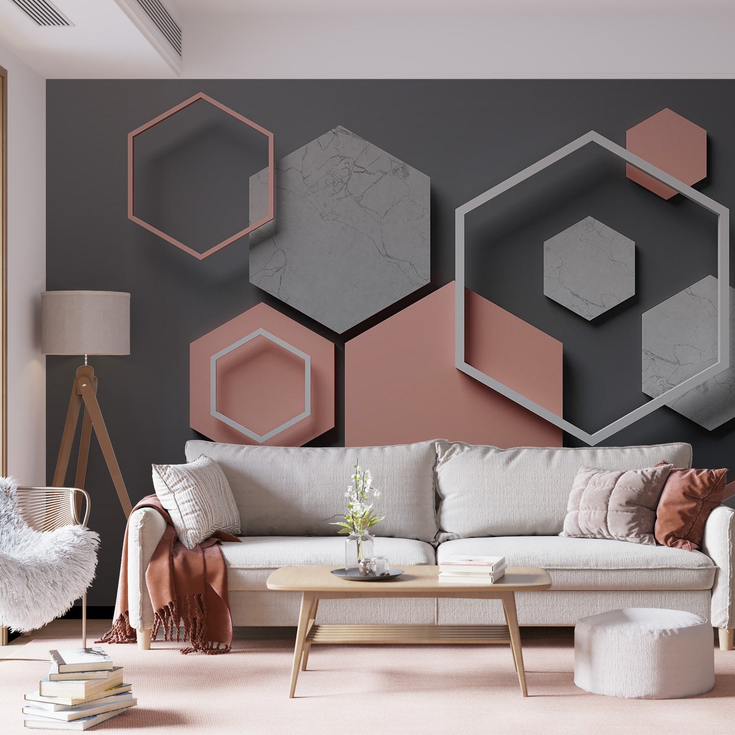 Peel & Stick 3D Illusion Wall Mural - Abstract Hexagon Plan - Removable Wall Decals