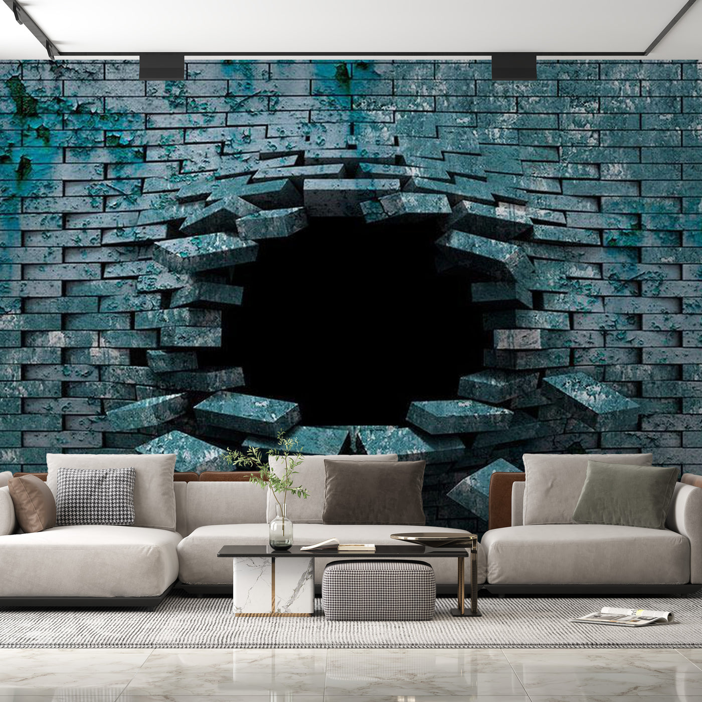 Peel & Stick 3D Illusion Wall Mural -Blue Bricks - Removable Wall Decals