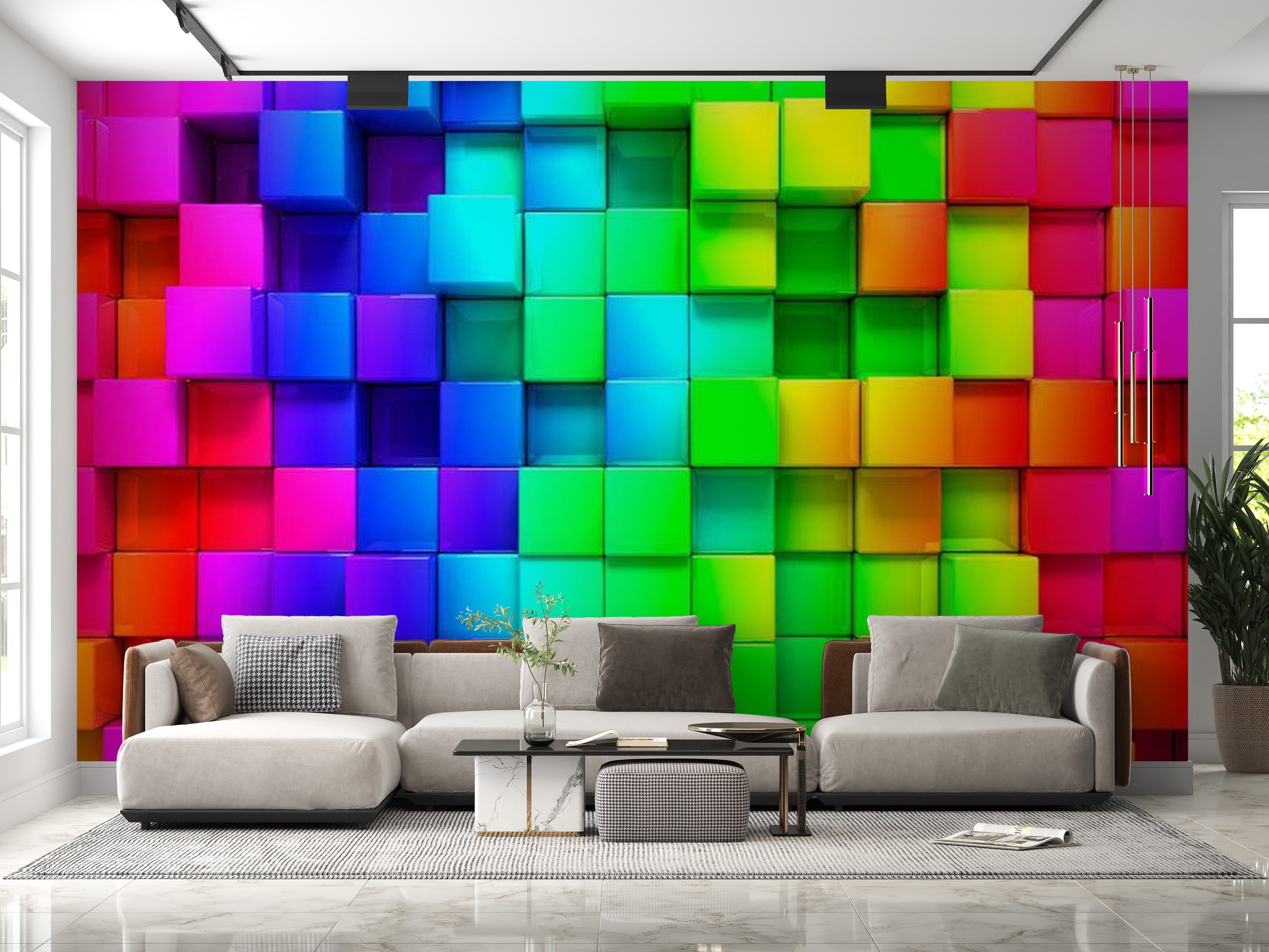 Peel & Stick 3D Illusion Wall Mural - Colourful Cubes - Removable Wall Decals