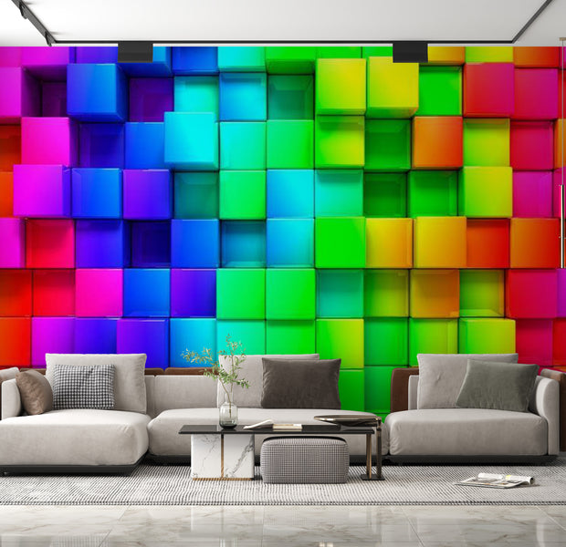 Peel & Stick 3D Illusion Wall Mural - Colourful Cubes - Removable Wall Decals