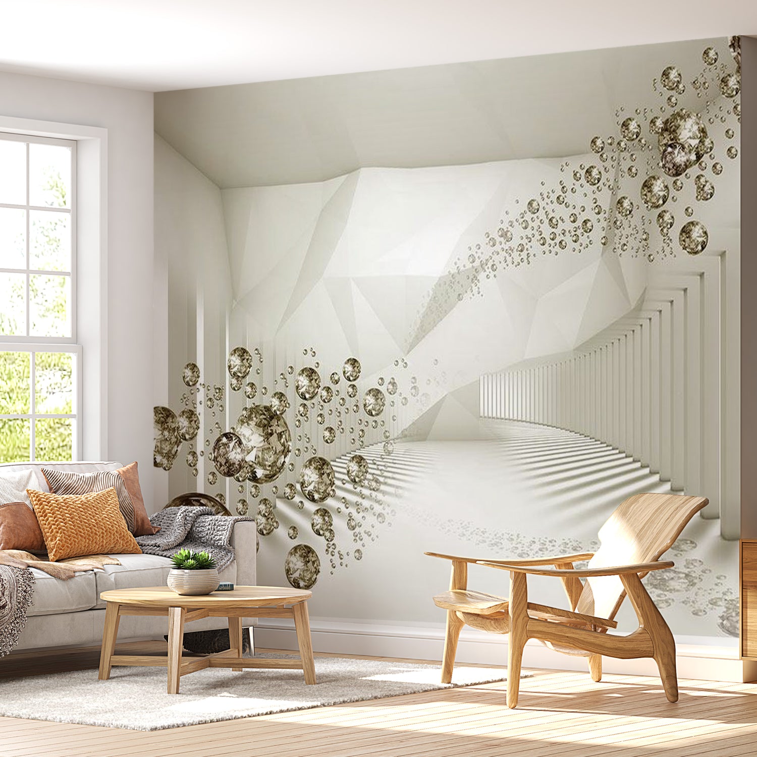 Peel & Stick 3D Illusion Wall Mural - Diamond Corridor Beige - Removable Wall Decals